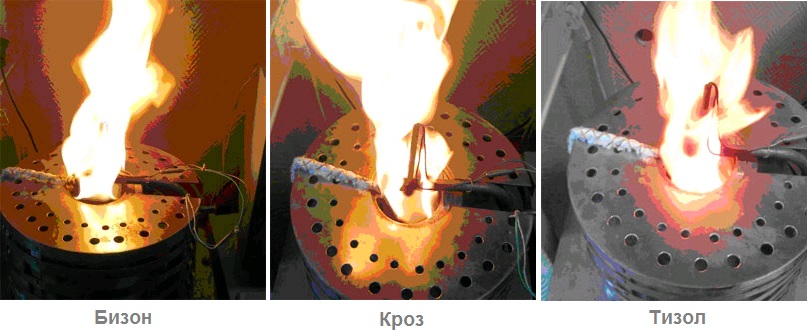 Пламенное горение образцов в процессе проведения испытания Бизон, Кроз, Тизол.jpg